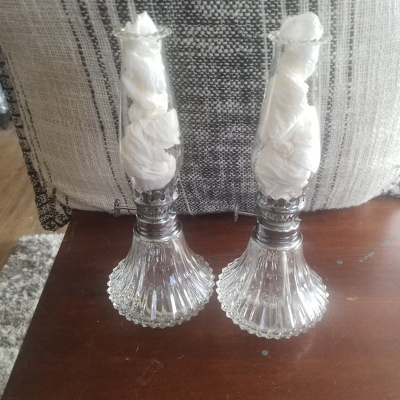 Vintage Diamond Cut 9" Clear Glass Lamp Light Farms Oil Lamps Set - Picture 1 of 7